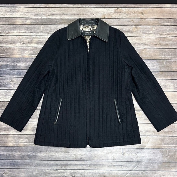 Dana Buchman Black Quilted Genuine Leather Trim Collar Zip Mid-Length Coat M - Picture 2 of 12
